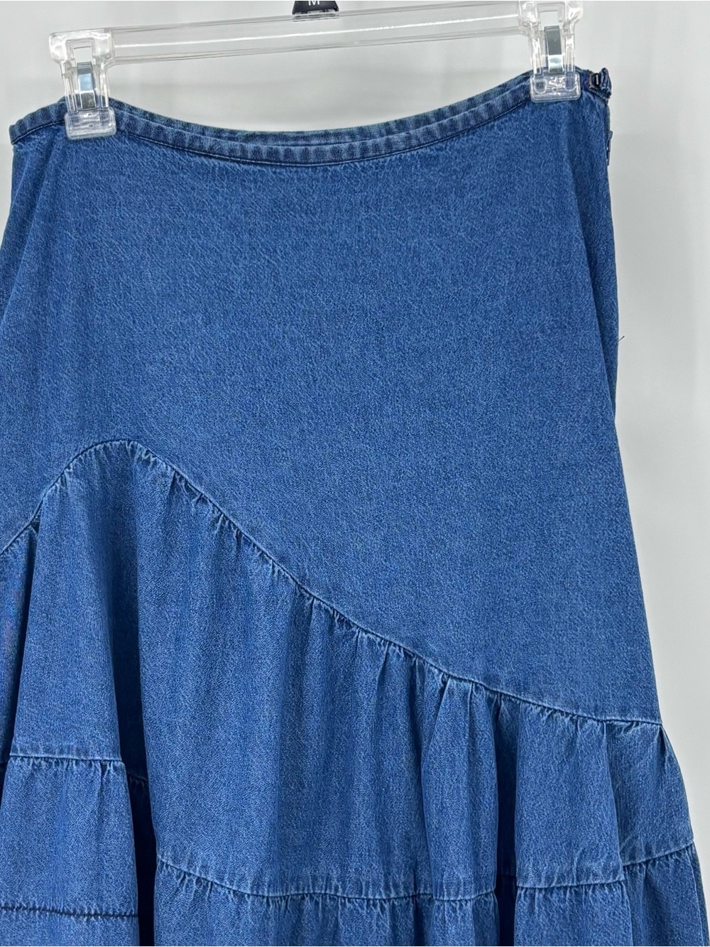 Mix nouveau Layered Denim western boho prairie tiered Maxi Skirt Sz Med lace - Picture 3 of 9
